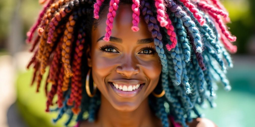 Woman with creatively styled crochet hair