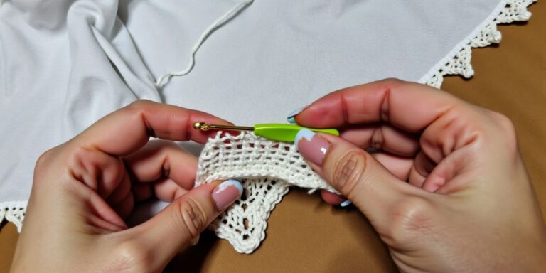 Hands crocheting a scalloped hem