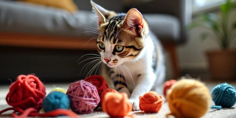 Cat playing with crochet yarn balls