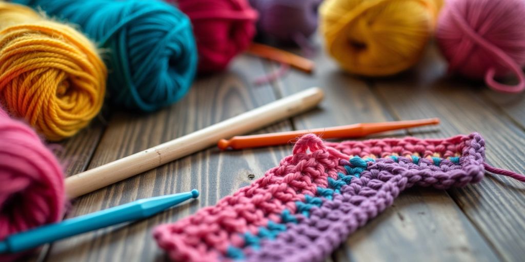Colorful yarn and crochet hooks on a table.