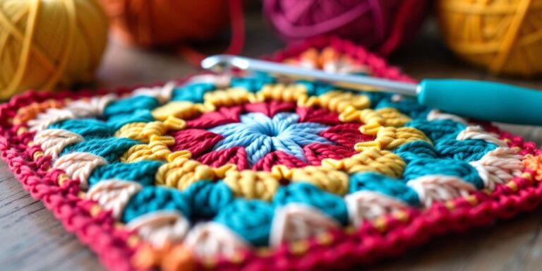 Colorful granny square with crochet hook and yarn
