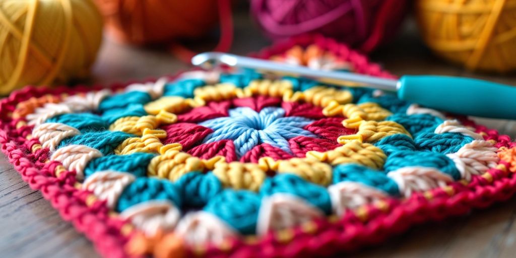 Colorful granny square with crochet hook and yarn