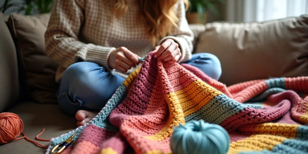 Person crocheting a colorful blanket on a cozy couch.