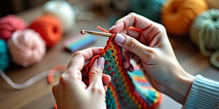 Hands crocheting a colorful top strap