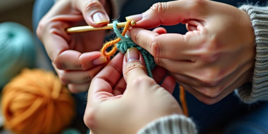 Hands crocheting with colorful yarn