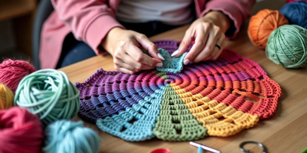 Crocheter with yarn and crochet tools