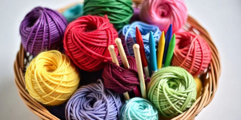 Colorful yarn balls in a wicker basket with knitting tools.