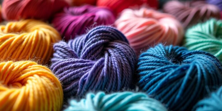 Close-up of colorful yarn skeins.