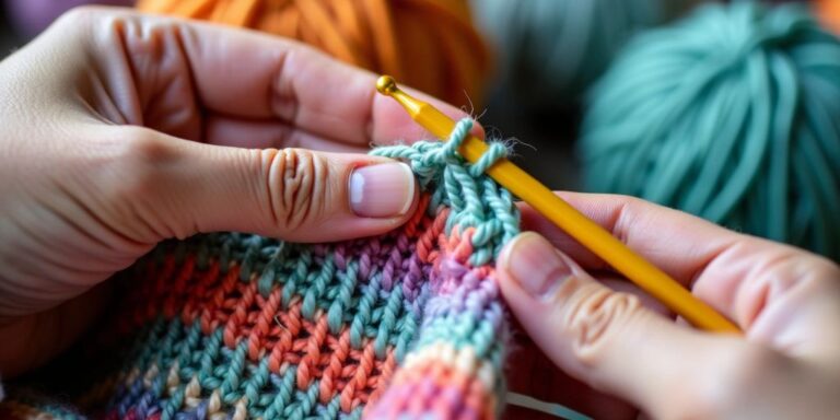 Hands crocheting a colorful raglan sweater