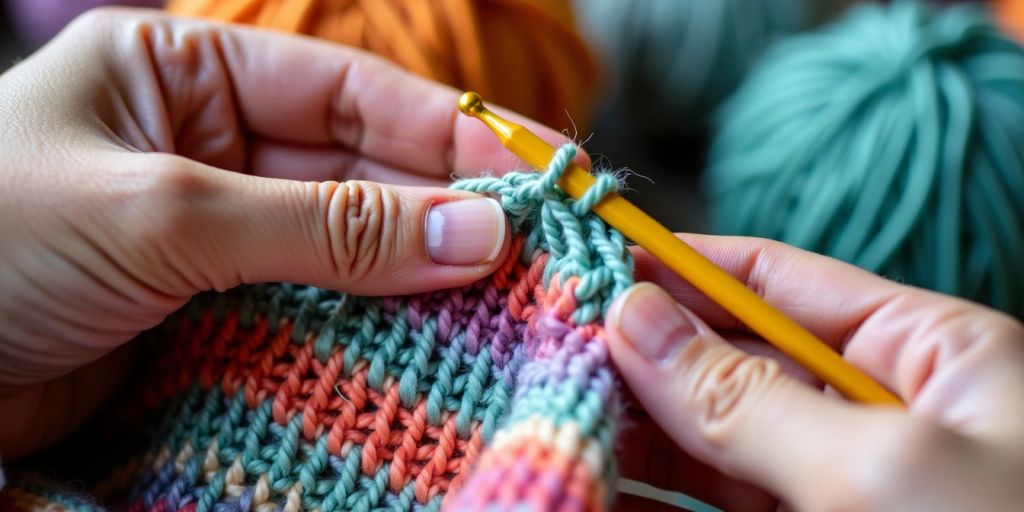 Hands crocheting a colorful raglan sweater