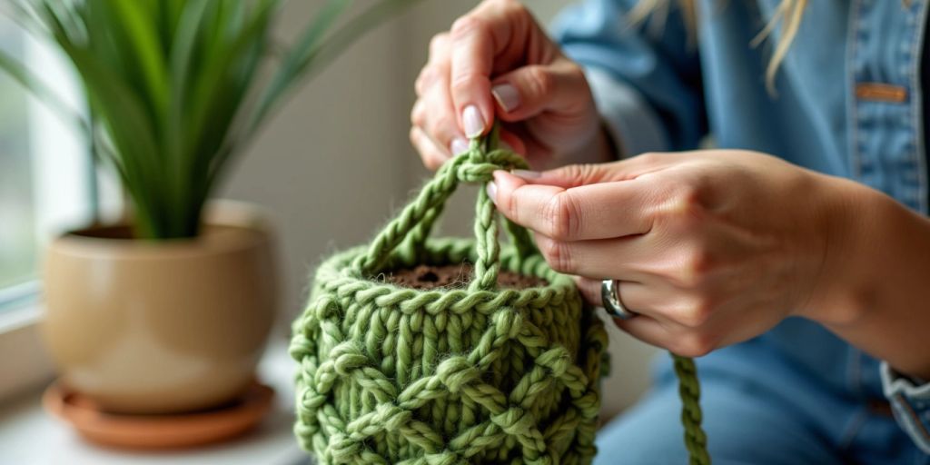 Hands crocheting a green plant hanger indoors.