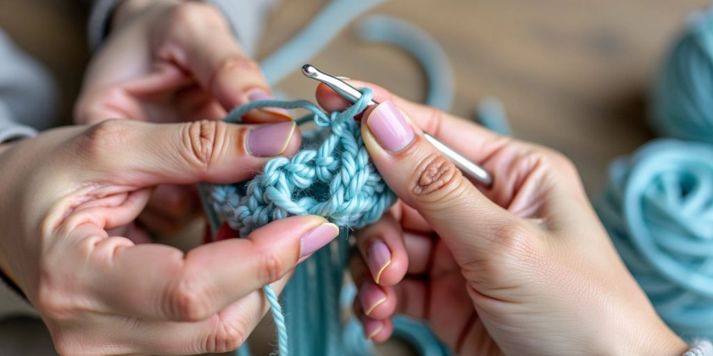 Hands crocheting with light blue yarn