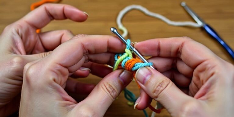 Hands crocheting colorful garland string