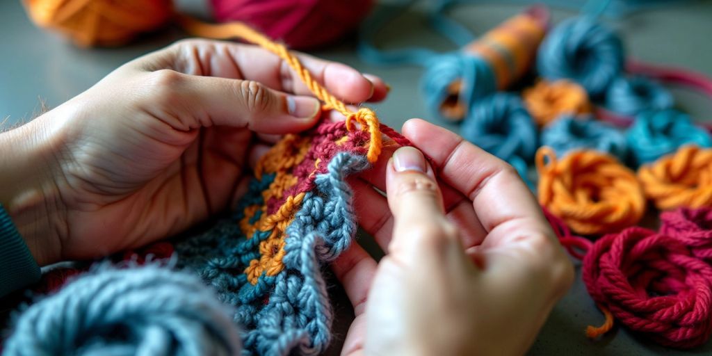 Hands crocheting with colorful yarn close-up