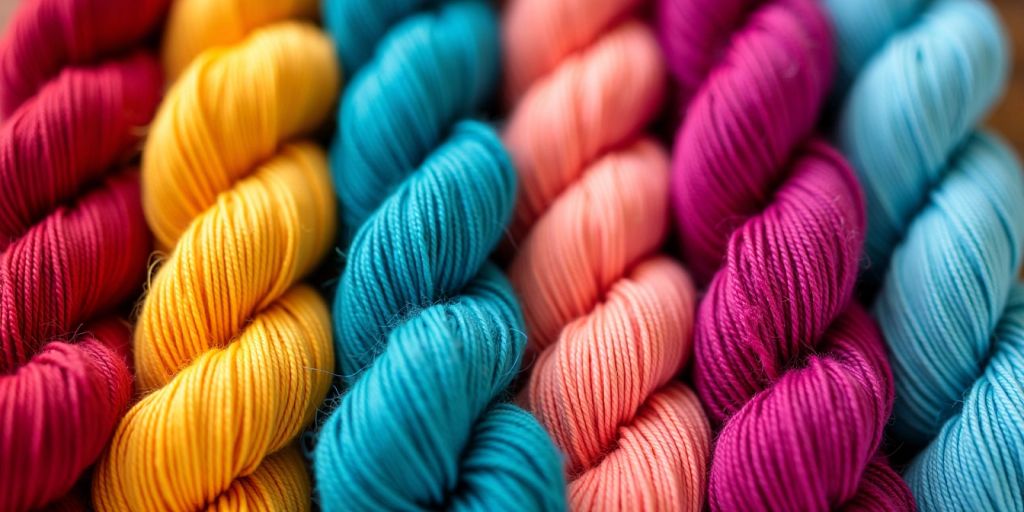 Colorful yarn skeins showing pooling effect.