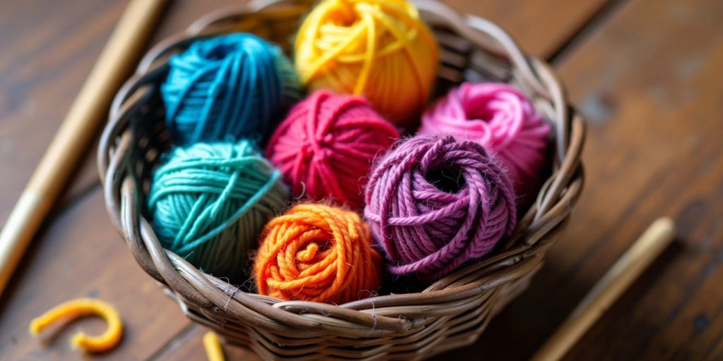 Colorful Mandala yarn balls with knitting needles