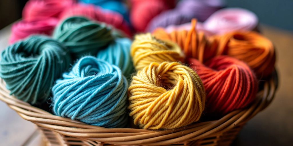 Colorful skeins of yarn in a wicker basket.