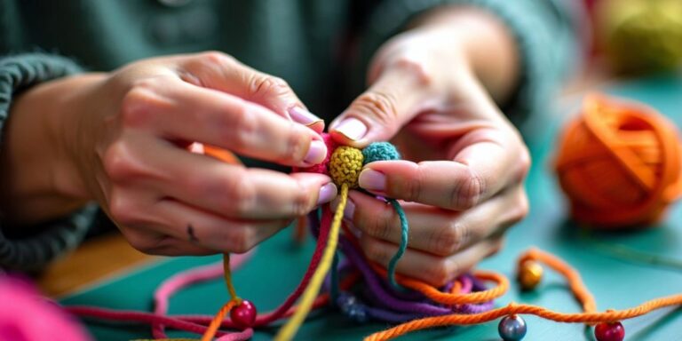 Hands crocheting with colorful yarn and beads
