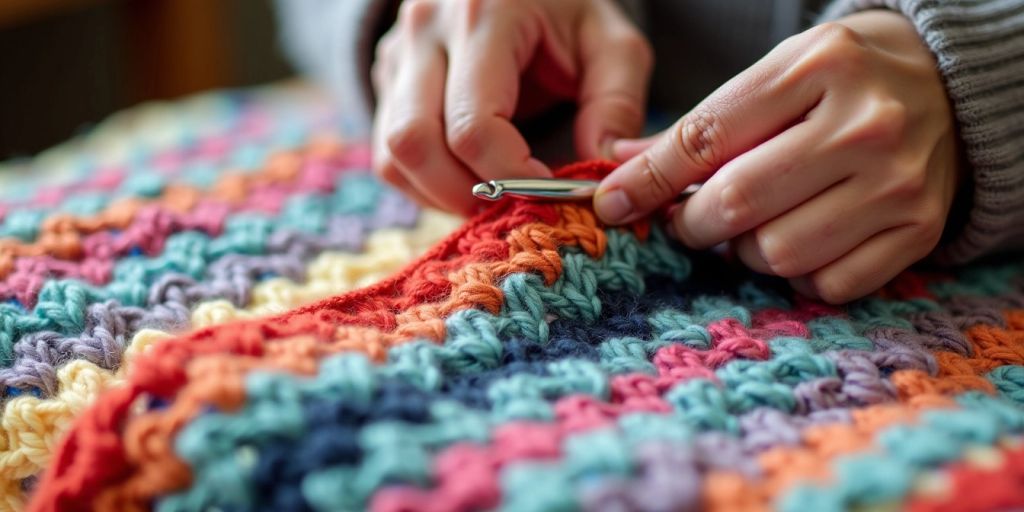 Person crocheting a colorful C2C blanket.