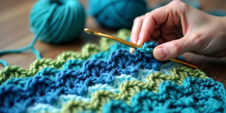 Hands crocheting a colorful wave pattern.