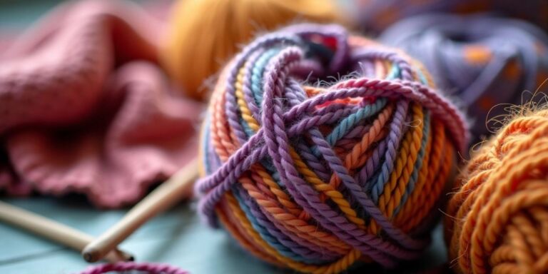 Multicolored yarn ball with knitting needles and scarf