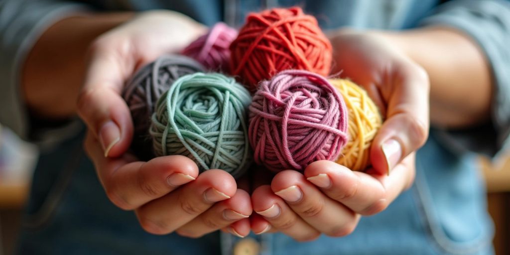 Hands holding colorful natural fiber yarn balls