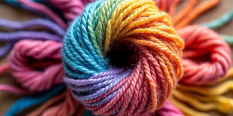 Colorful yarn ball with fibers extending outward