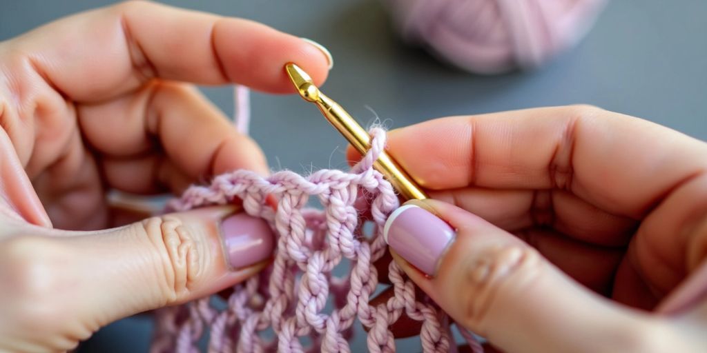 Hands crocheting lace with pastel yarn