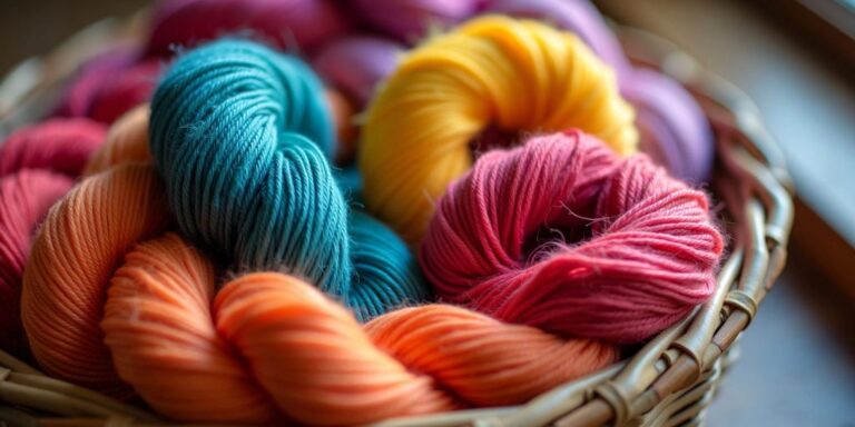 Colorful silk yarn in a woven basket.