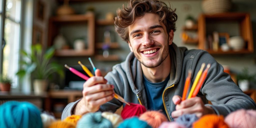 Young man holding crochet hooks and yarn.