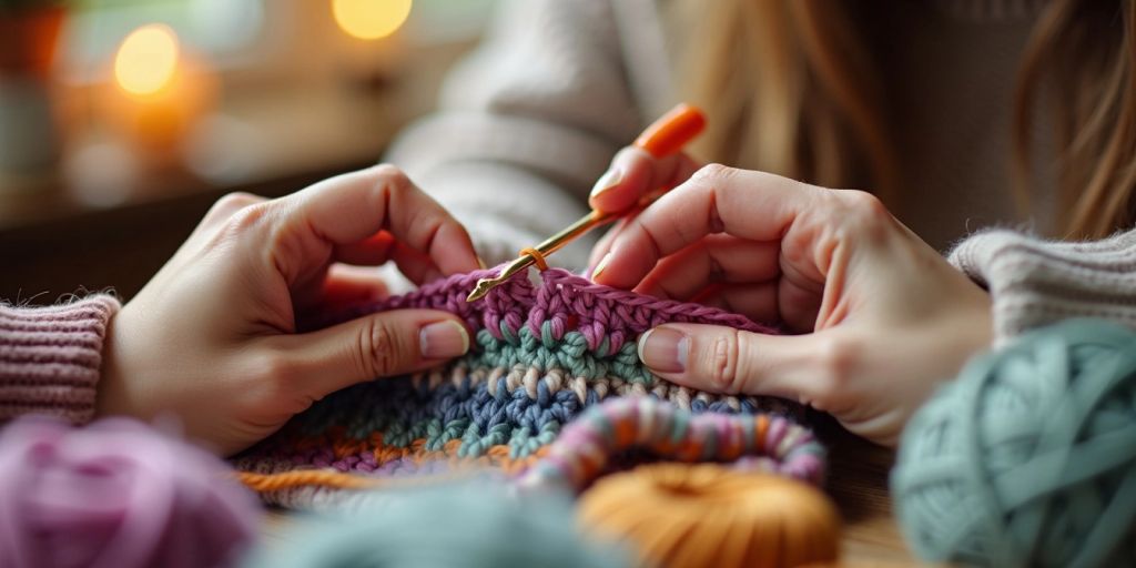 Hands turning a crochet project with a hook.