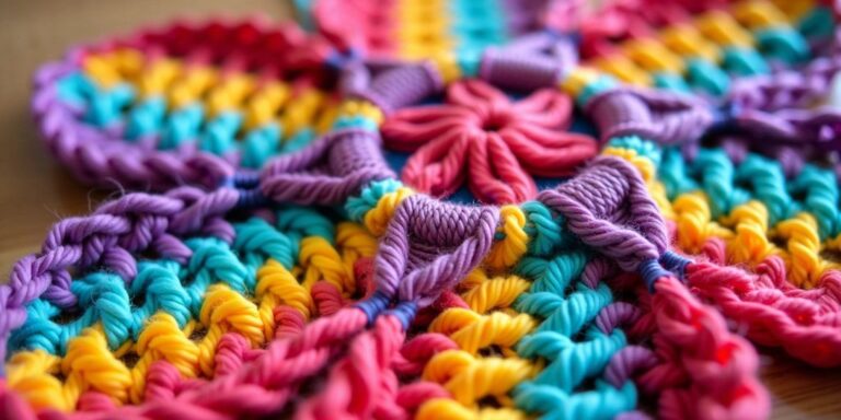 Mini C2C crochet project with colorful yarn.