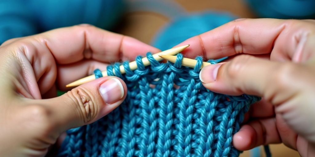 Hands knitting with blue yarn