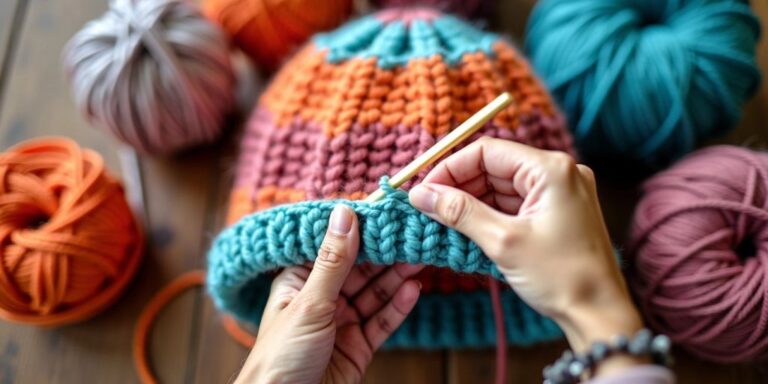 Hands crocheting a hat brim
