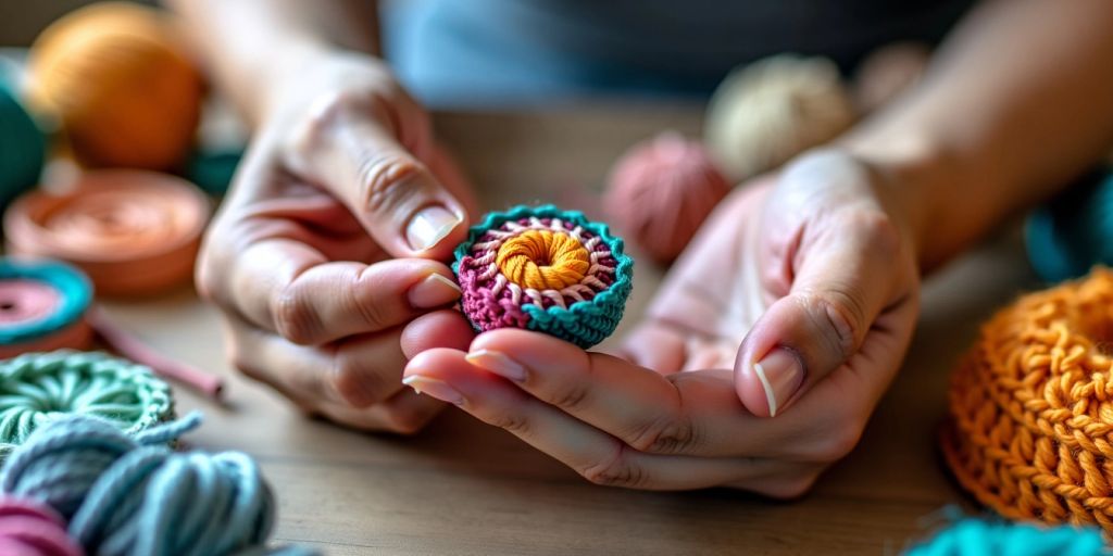 Hand holding a colorful crochet ring.