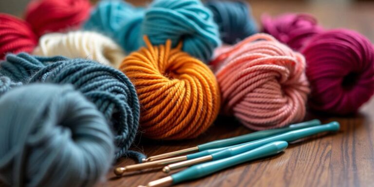 Colorful crochet yarns and hooks on a table.