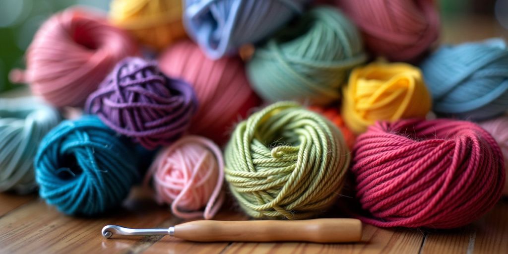 Colorful yarn balls and a 4.5 mm crochet hook.