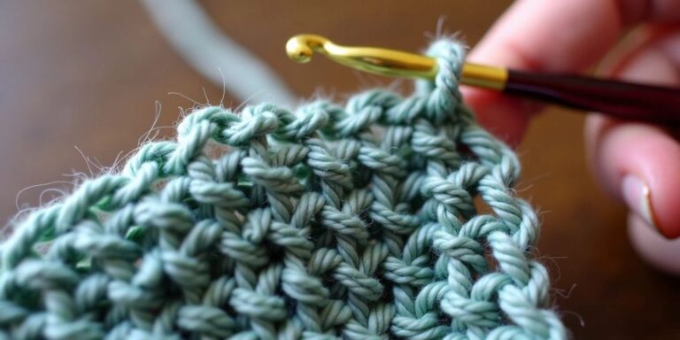 Hand holding crochet hook G with yarn