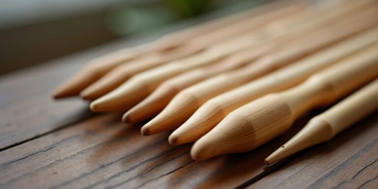 Bamboo crochet hooks on a wooden table.
