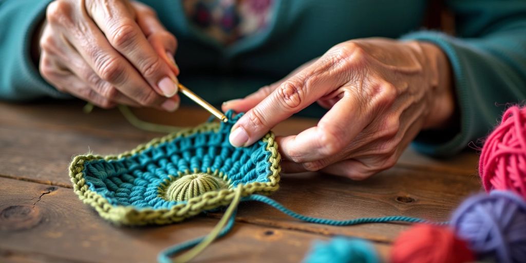 Elderly woman crocheting with colorful yarn