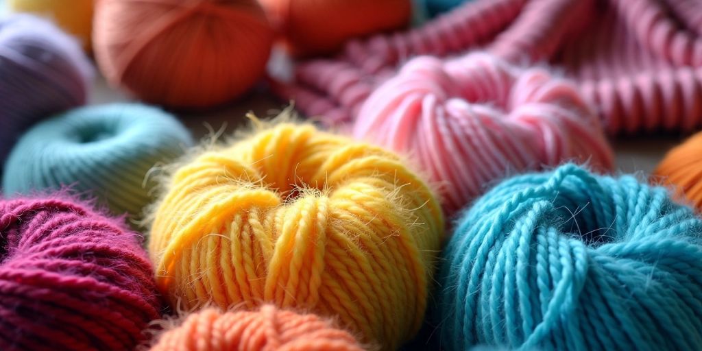 Colorful fluffy yarn balls and knitting needles