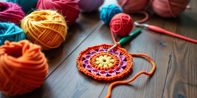 Colorful yarn and crochet hooks on a table.