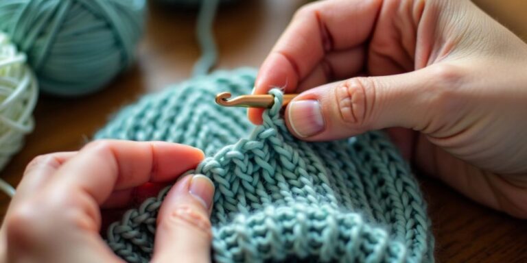 Hands crocheting ribbing on a hat