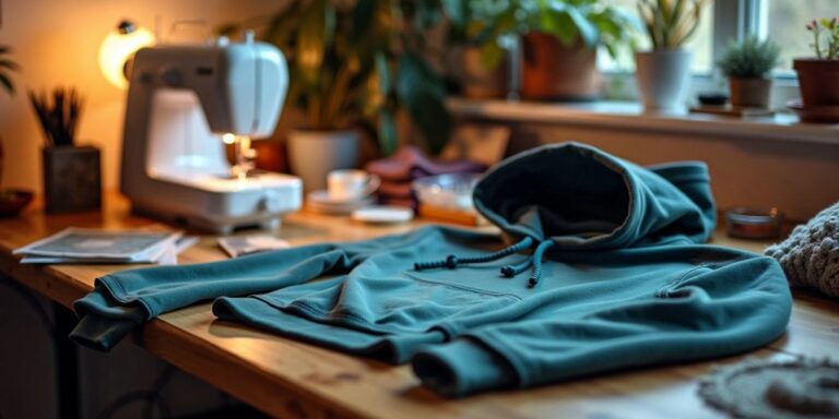 Sewing a hoodie in a cozy workspace.