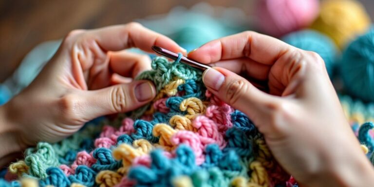 Hands crocheting colorful ruffled pattern