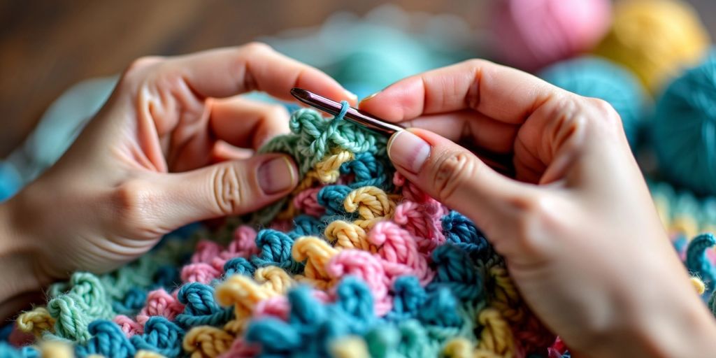 Hands crocheting colorful ruffled pattern