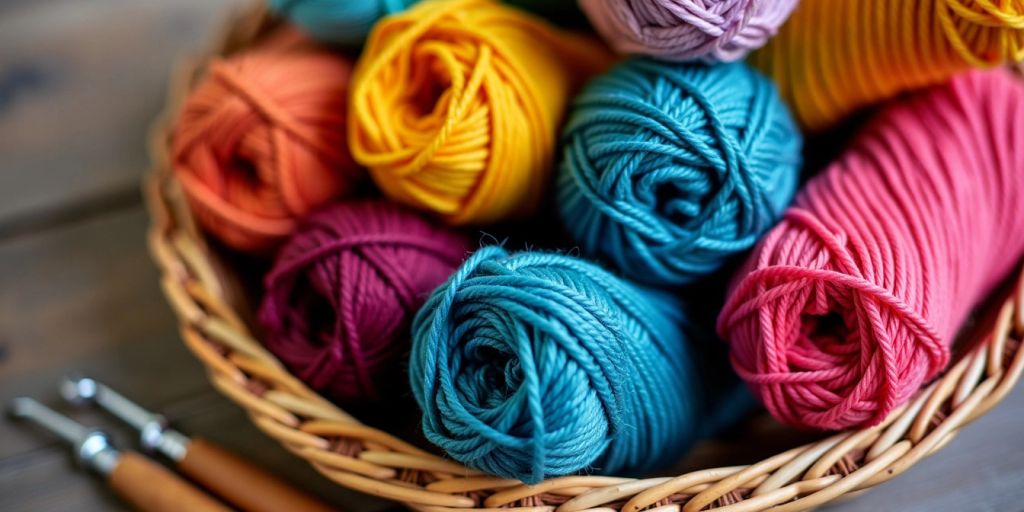 Colorful yarn balls and crochet hooks in a basket.