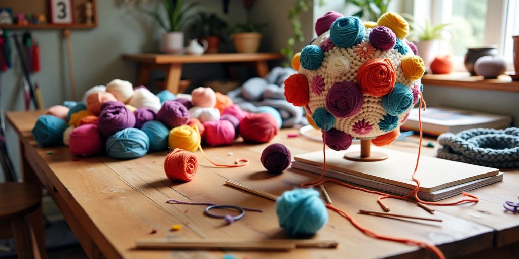 Craft room with yarn and knitting project.