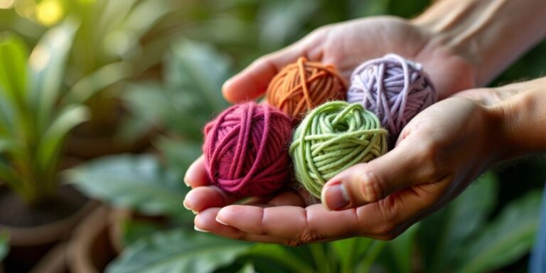 Hands holding colorful organic yarn balls