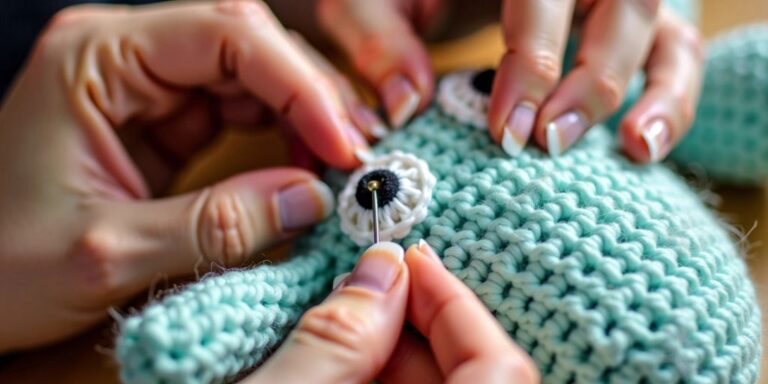 Hands securing crochet eyes on a stuffed animal
